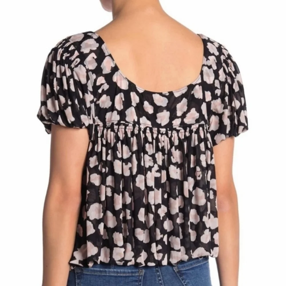 Free People Black Floral Puff Sleeve Crop Top
